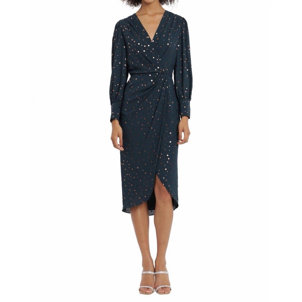 Maggy London Foil Dot Long Sleeve Georgette Midi Dress Green Size 12 NWT Holiday